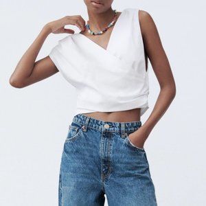 Zara White Asymmetrical Sleeveless Poplin Top, size S